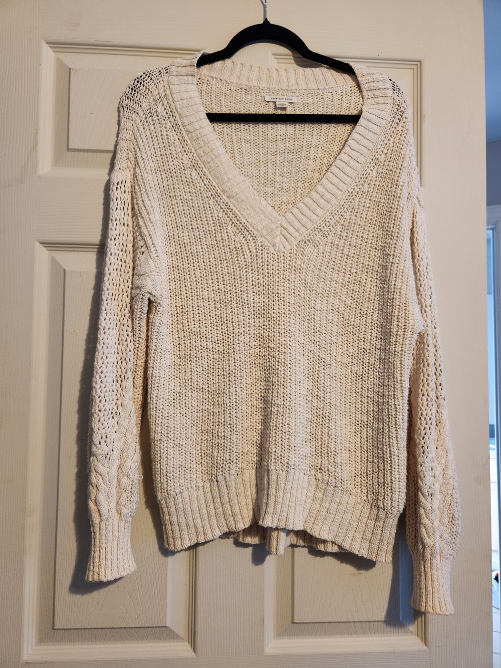 American Eagle Outfitters Cream V-Neck Open Knit Sweater